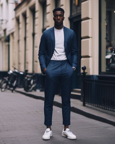 White Sneakers with Navy Blue Suit